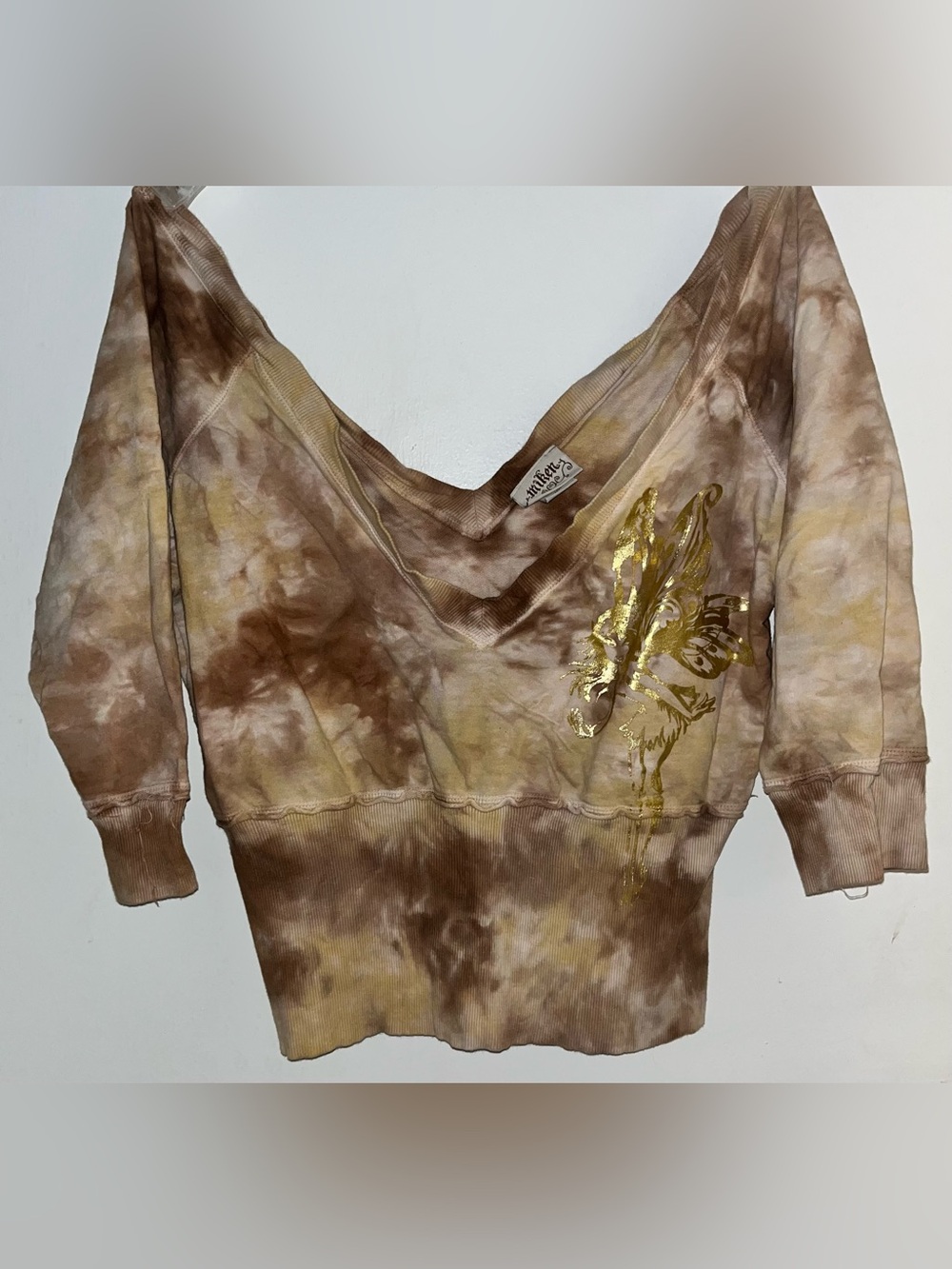 Miken Tie-Dye V-Neck Top in Brown and Cream with Gold Foil Accent